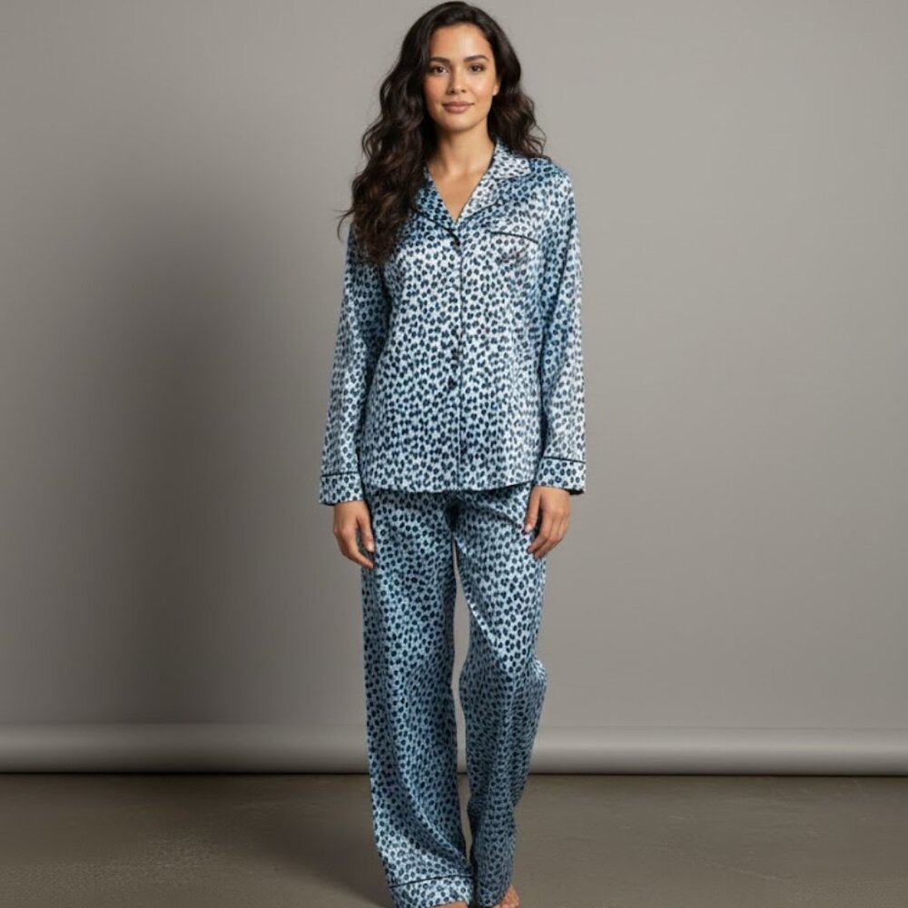 Lord & Taylor Long Cotton Pajama Set in Blue Ombre Leopard Print, Large